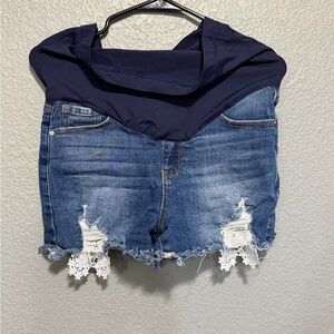 Blue Denim Distressed maternity Shorts with Lace Trim